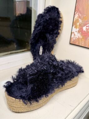 Miu Miu Black Shearling Espadrille Platform Slide Sandals SZ 38 (US 8) Italy